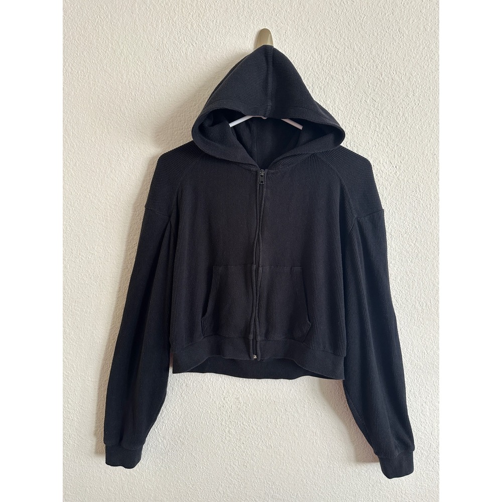 SKIMS Waffle Knit Cropped Zip Up Hoodie Pocket Long Sleeve Minimalist Cozy L